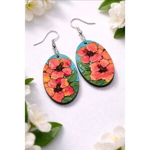 Hand Painted Tropical Floral Earrings | Teal Wood Hibiscus Dangle Earrings #2